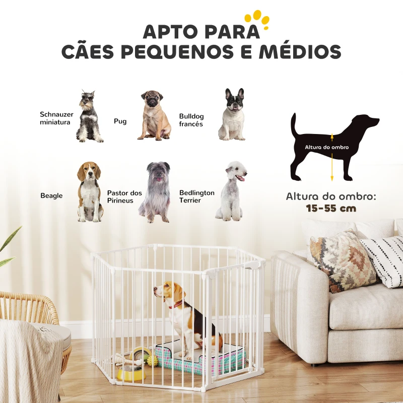 PawHut Parque para Cães Dobrável com 6 Painéis Porta com Fecho Duplo Barreira de Segurança para Escada Corredor Branco
