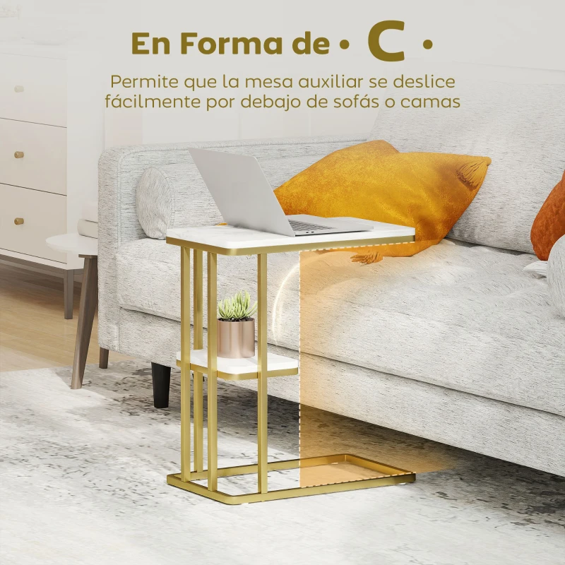 HOMCOM Mesa Auxiliar Estructura en C Estrecha con Estante Mesita de Noche Moderna 50x30x57,5 cm Blanco Efecto Mármol