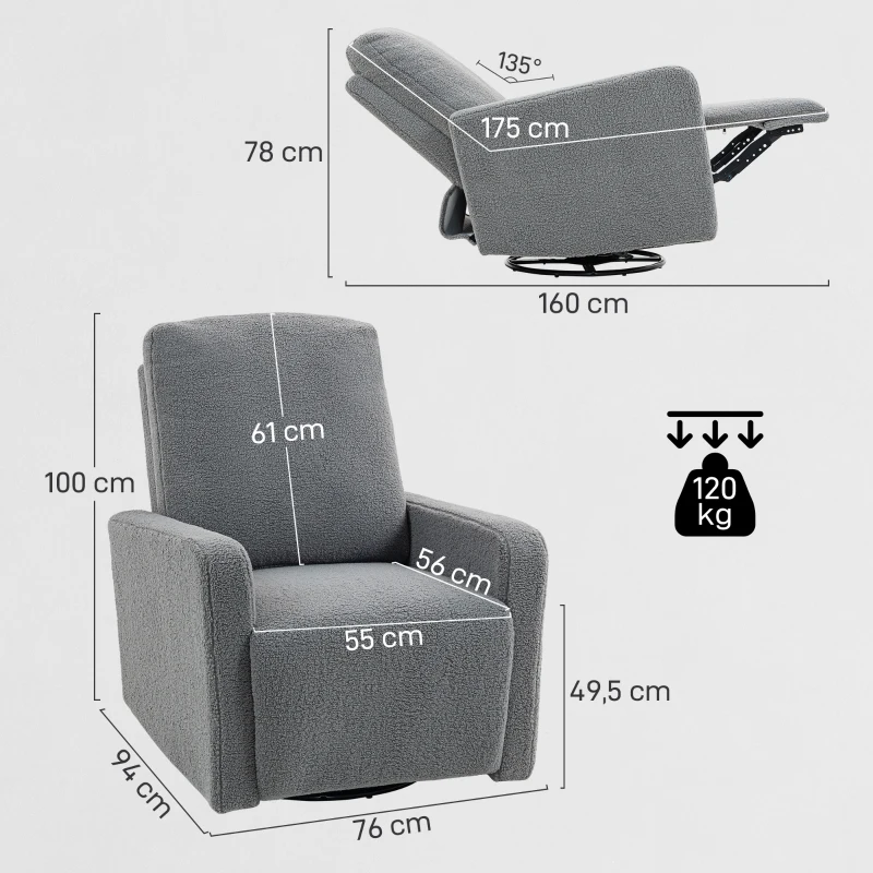 HOMCOM Poltrona Relax Reclinável Manual Poltrona Relax de Borreguito com Função de Baloiço 360° Reclinável até 135º 76x94x100 cm Cinza