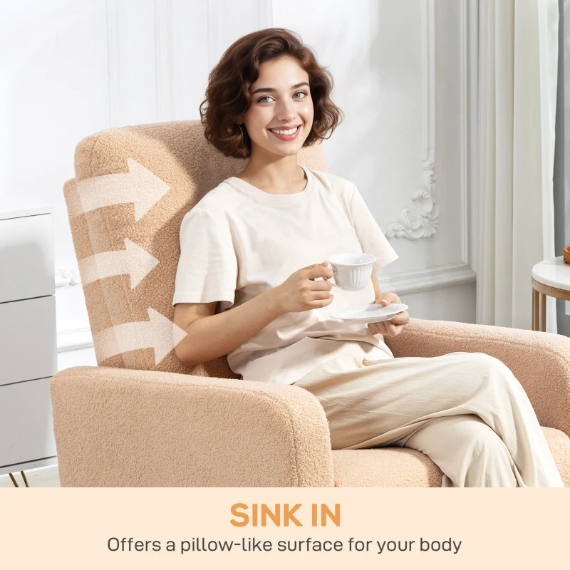 HOMCOM Poltrona Relax Reclinável Manual Poltrona Relax de Borreguito com Função de Baloiço 360° Reclinável até 135º 76x94x100 cm Marrom Claro