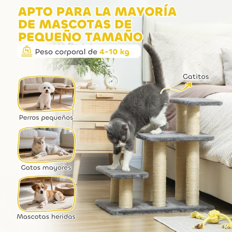 PawHut Escalera para Gatos de 3 Peldaños Altura Ajustable con Postes Rascadores y Bola Colgante Carga 10 kg 52x34,5x54 cm Gris