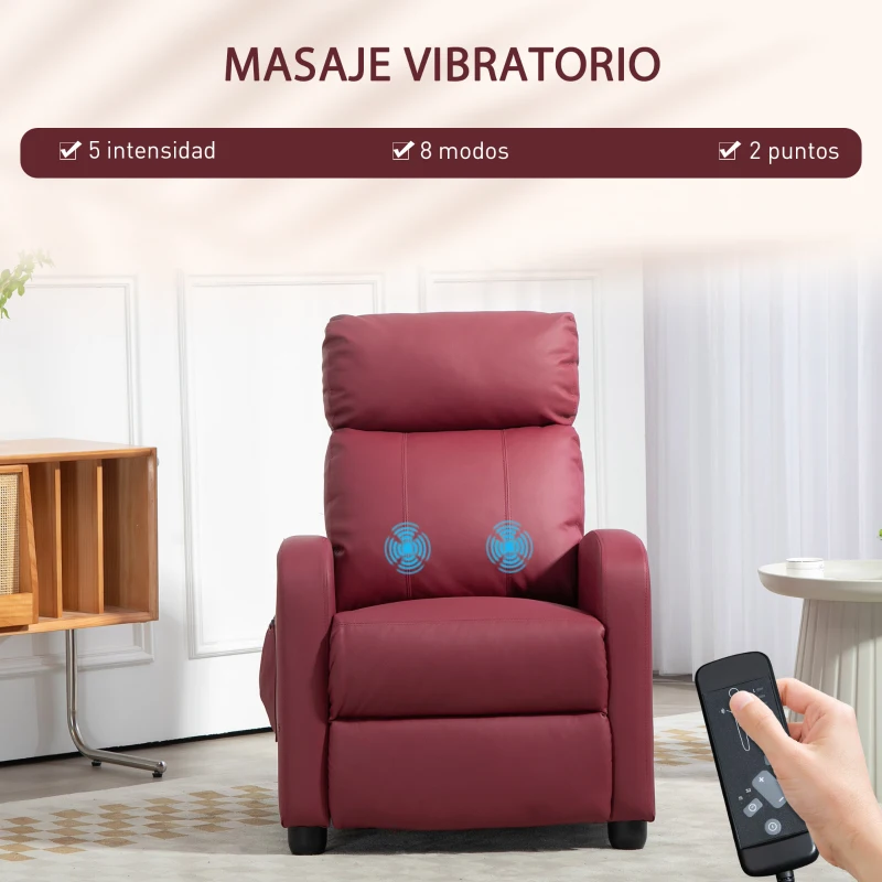 HOMCOM Sillón de Masaje Reclinable con Mando a Distancia Bolsillo Lateral y Temporizador Tapizado en PU 68x88x98cm Rojo Burdeos