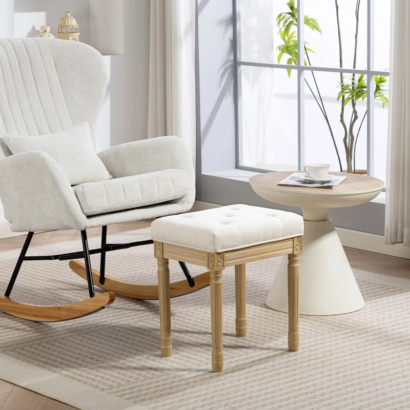 HOMCOM Repose pied salon, ottoman, siège rembourré en tissu aspect lin avec pieds en bois d'hévéa, 42 x 32 x 46,5 cm, beige