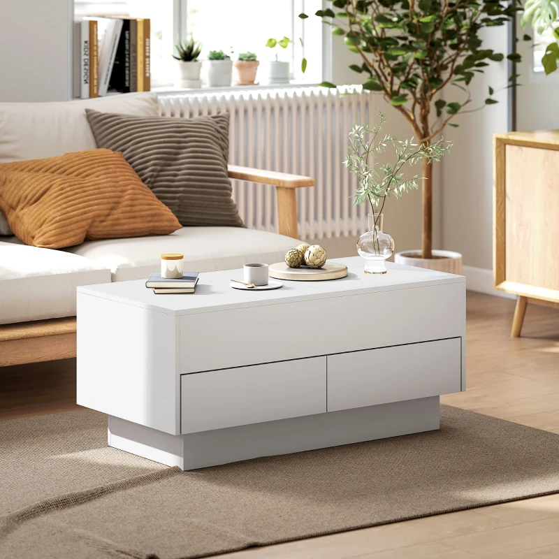 HOMCOM Table basse relevable, table de salon avec compartiment caché et 2 tiroirs, 100 x 50 x 44 cm, blanc