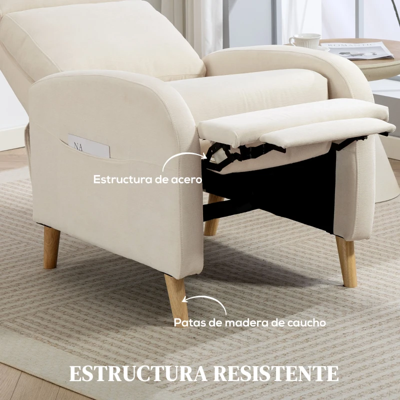 HOMCOM Sillón Relax Reclinable Tapizado en Lino Sintético con Reposapiés y Bolsillos Laterales Carga 135 kg Crema