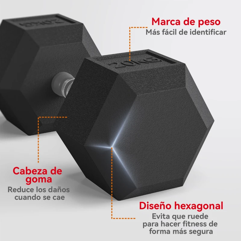 HOMCOM Mancuerna Hexagonal 20 kg de Hierro Fundido Pesas de Metal Recubiertas de Goma para Entrenamiento en Casa Gimnasio Negro