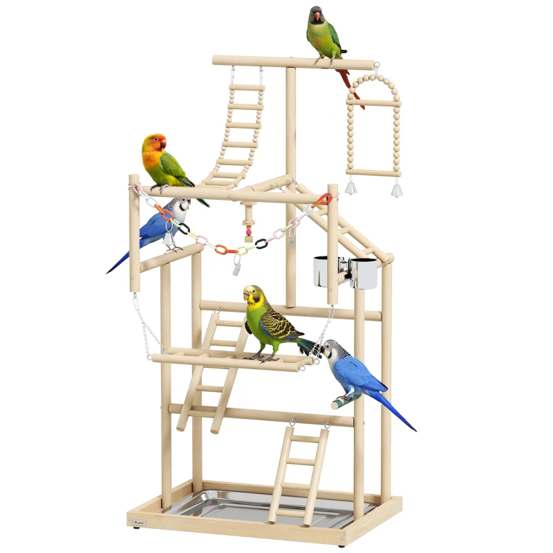 PawHut Parque de Juegos para Pájaros Soporte de Madera para Pájaros con Escaleras Columpio Cadena Bandeja Comederos