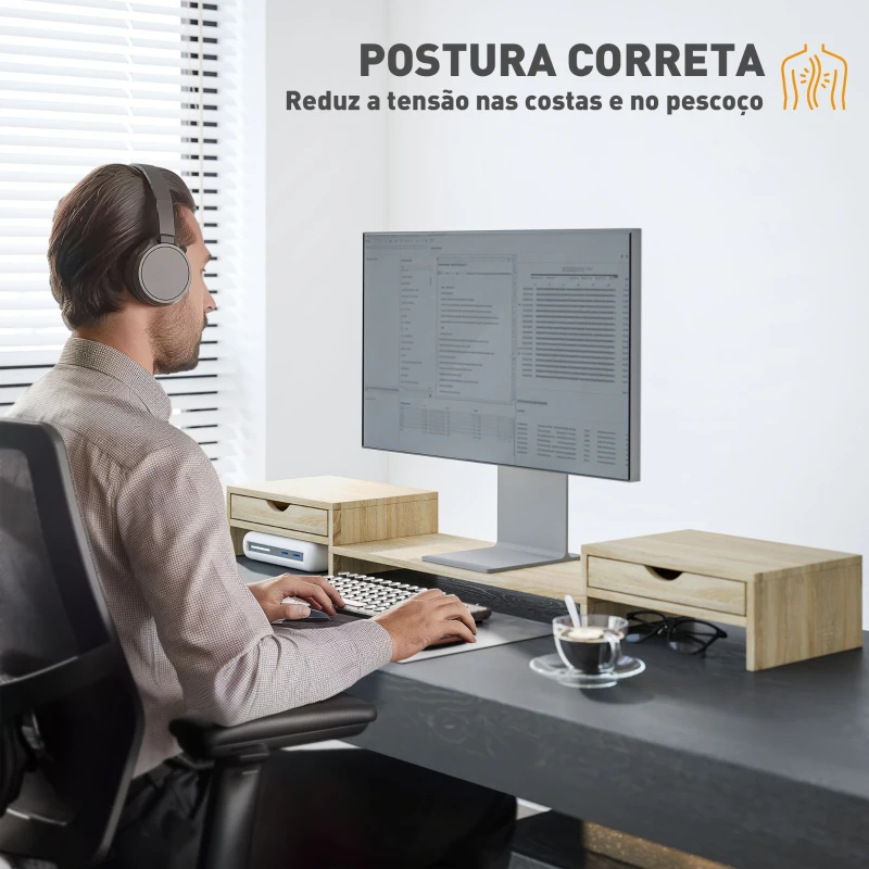 HOMCOM Suporte para Monitor com Ângulo e Comprimento Ajustável e 2 Gavetas para Escritório 60-116x22x12 cm Madeira