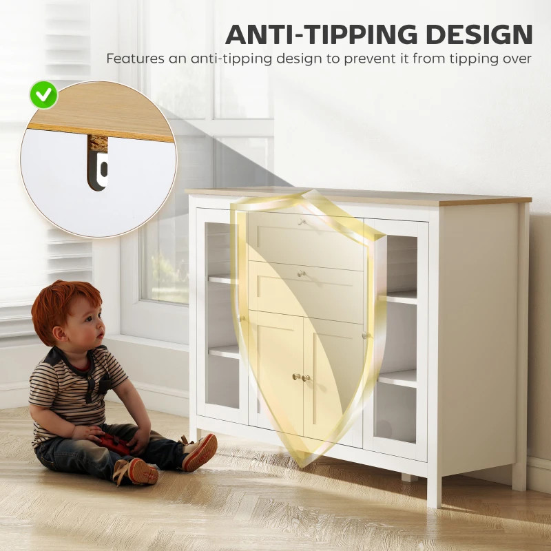 HOMCOM Comodă de Bucătărie cu Sertare, Dulapuri și Uși din Sticlă Alb și Stejar