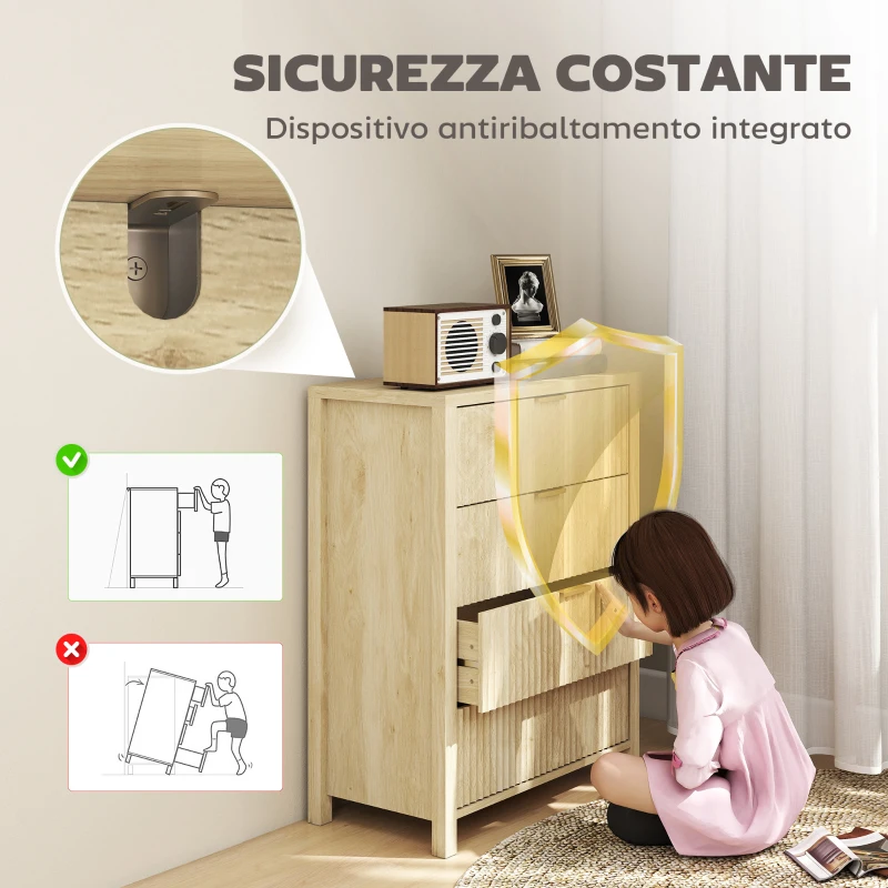 HOMCOM Cassettiera con 4 Cassetti Scanalati e Maniglie Dorate, 70x38x93 cm, Legno Naturale