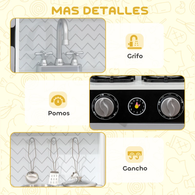 AIYAPLAY Cocina de Juguete de Madera con Sonido Accesorios de Acero Inoxidable para Niños a Partir de 3 Años Blanco