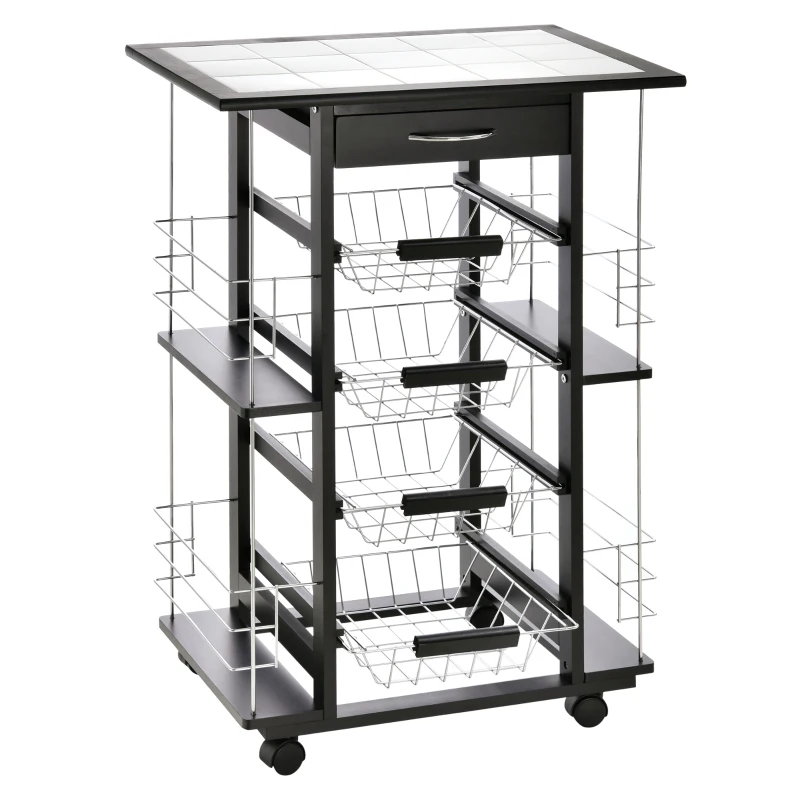 HOMCOM Chariot de service desserte de cuisine à roulettes multi-rangements 4 paniers métal tiroir + 4 range-bouteilles bois pin noir plateau carrelé blanc