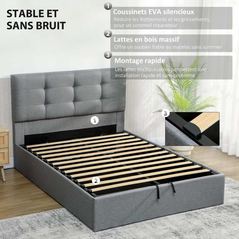 HOMCOM Lit coffre 140x190, cadre de lit double rembourré avec sommier à lattes en bois et rangement cach, sans matelas, gris