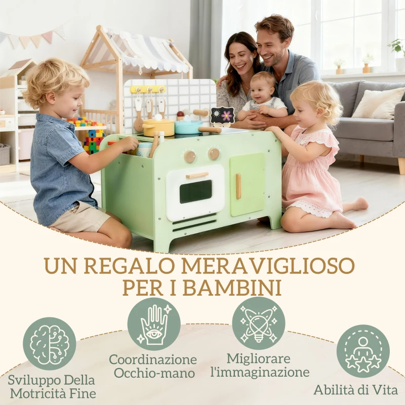 AIYAPLAY Set Cucina Giocattolo in Legno per Bambini da 3+ Anni con 15 Accessori, Verde