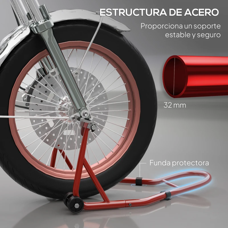 HOMCOM Caballete Moto Soporte Delantero Universal de Acero con Horquillas en U y L para Rueda 10" 17" 18" Carga 200 kg Rojo