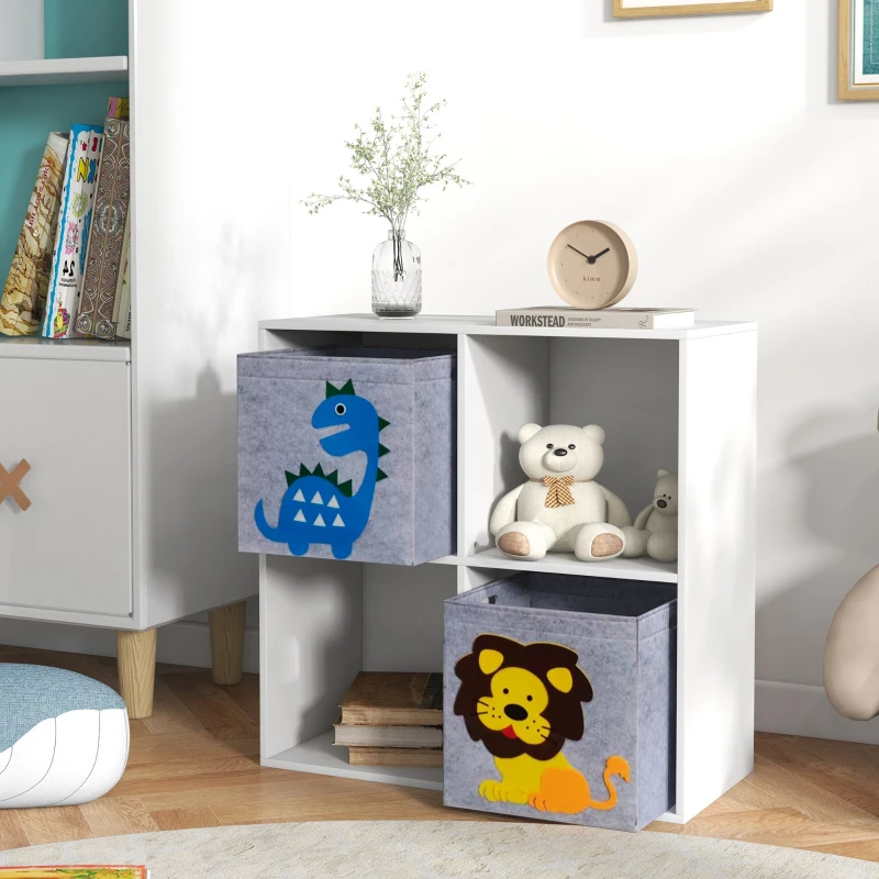 ZONEKIZ Meuble étagère bibliothèque 4 cases 2 cubes paniers tissu motif dinosaures pour chambre enfant 62 x 30 x 62 cm blanc