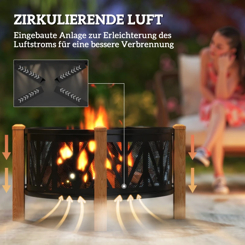 Outsunny 2-in-1 Feuerschale Ø75 x 58 cm Feuerstelle mit Funkenschutz Schürhaken Grillrost Schwarz