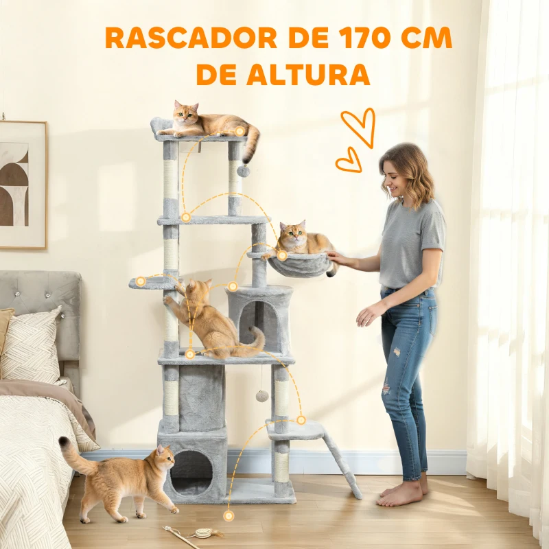 PawHut Árbol Rascador para Gatos Grande Altura 170 cm con 7 Postes 1 Túnel 3 Plataformas 2 Cuevas 1 Hamaca Gris Claro