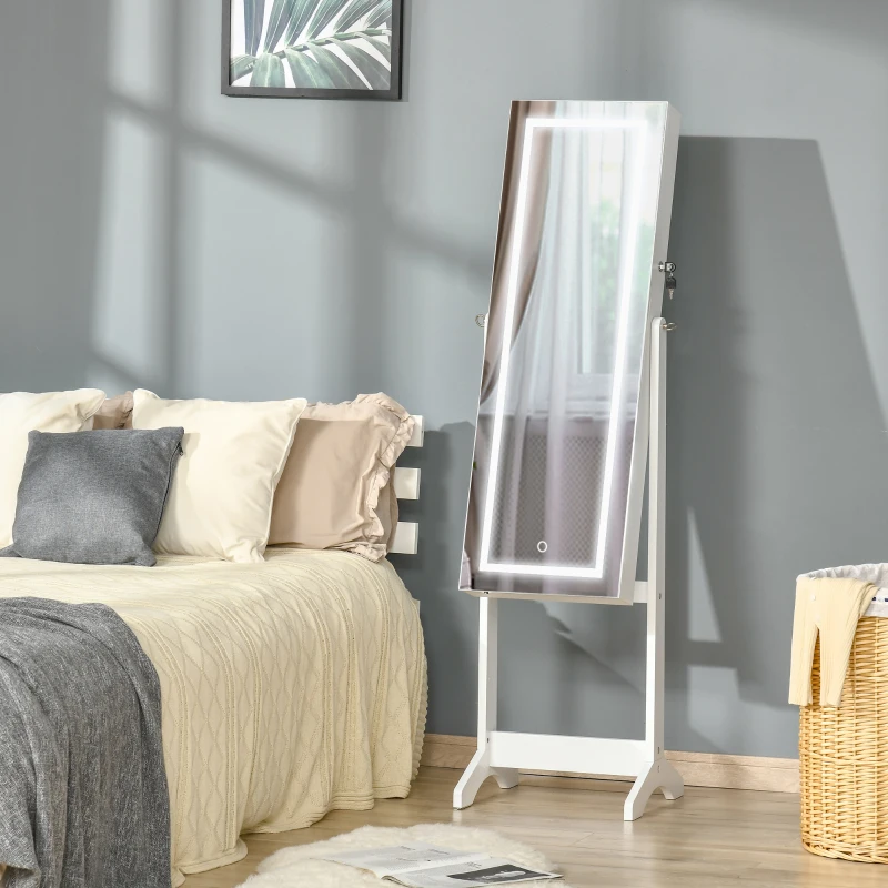 HOMCOM Armoire à bijoux LED avec miroir sur pied range bijoux avec éclairage à écran tactile blanc