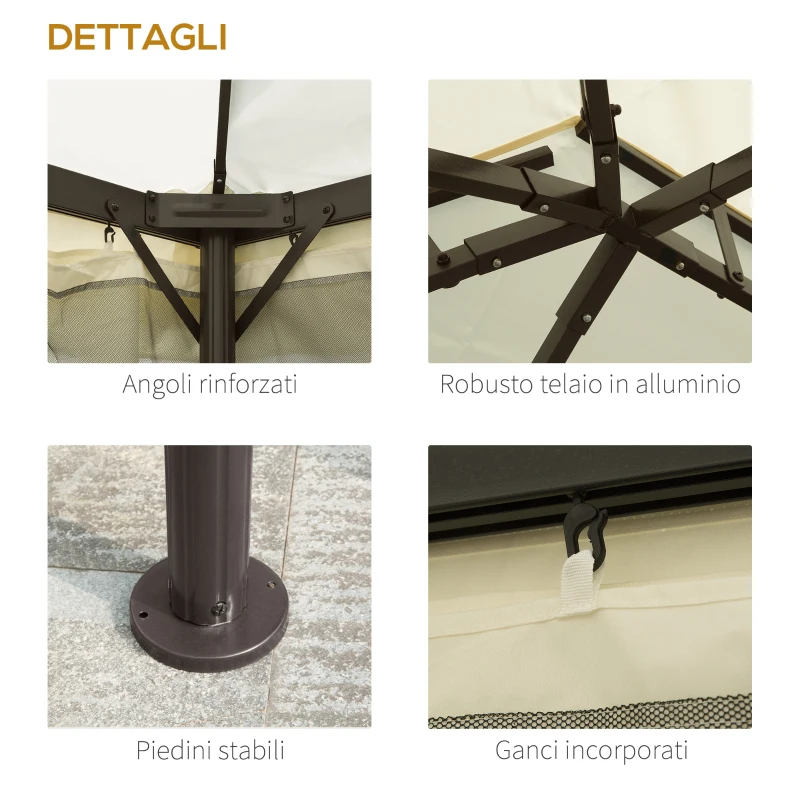 Outsunny Gazebo da Giardino 4x3m con Zanzariera, Tende e Doppio Tetto in Alluminio e Poliestere, Crema