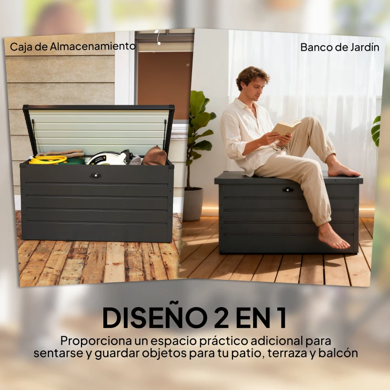 Outsunny Arcón Exterior Capacidad 311L Baúl de Almacenaje de Acero con Cerradura Llave Pistones Neumáticos 120x62x62 cm Gris