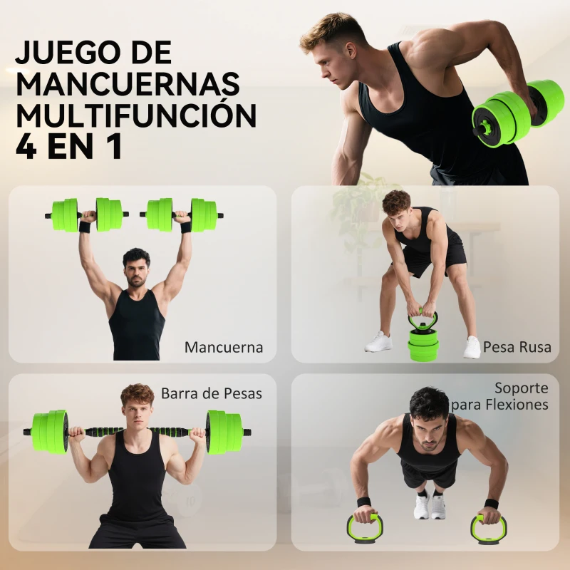 SPORTNOW Juego de Mancuernas Ajustables 30 kg 4 en 1 como Kettlebell Barra Mancuernas Soporte para Flexiones para Gimnasio Casa