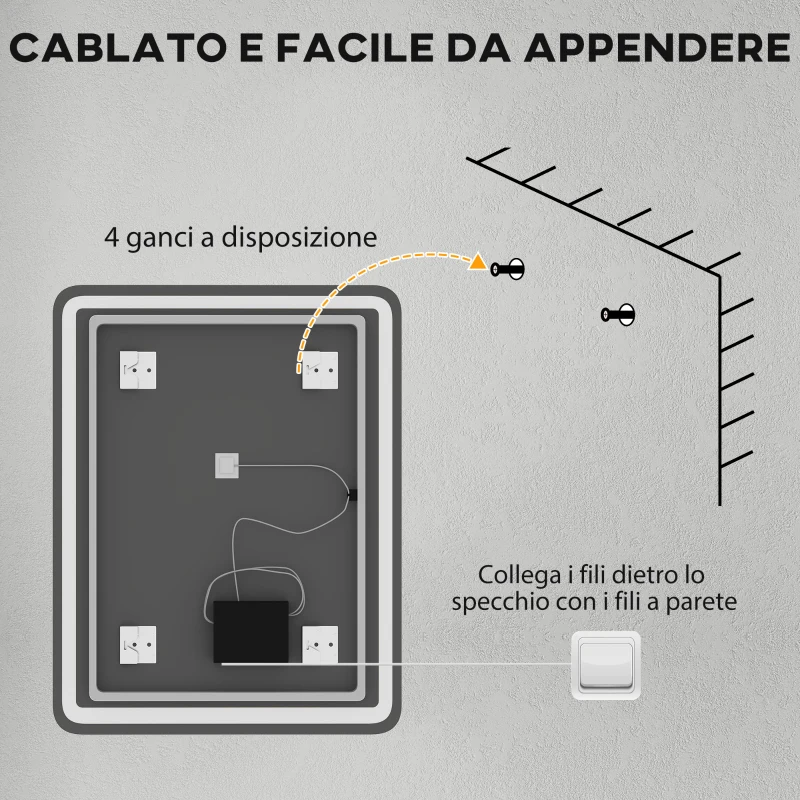 HOMCOM Specchio Bagno LED Touch con Luce Dimmerabile, a 3 Temperature e Antiappannamento, 70x90 cm