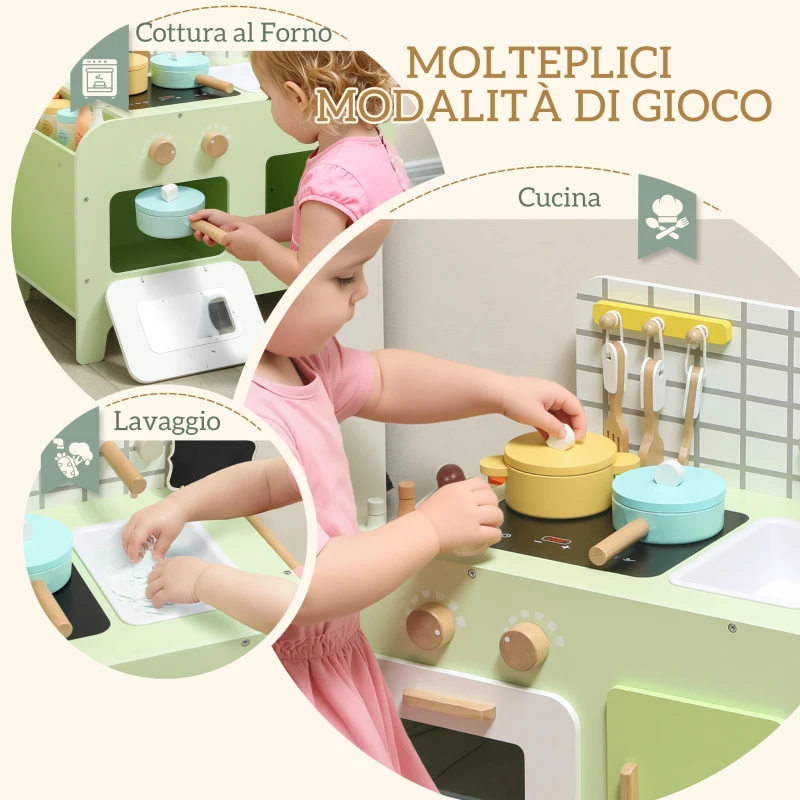 AIYAPLAY Set Cucina Giocattolo in Legno per Bambini da 3+ Anni con 15 Accessori, Verde