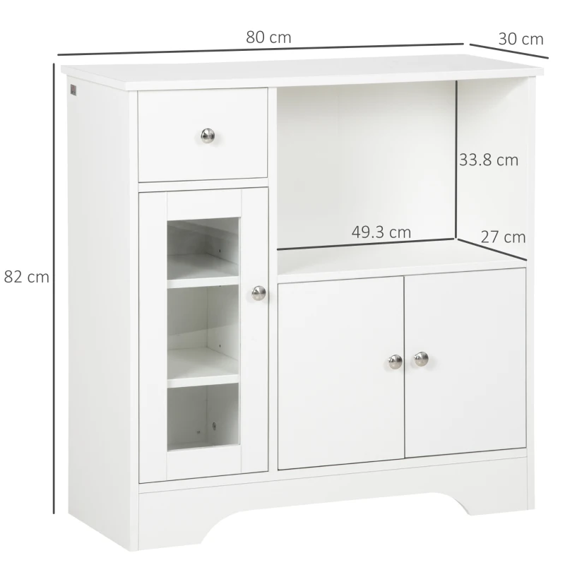HOMCOM Credenza Buffet con Vano Aperto, Cassetto, 3 Ripiani e Armadietto a 2 Ante, in Legno, 80x30x82 cm, Bianco