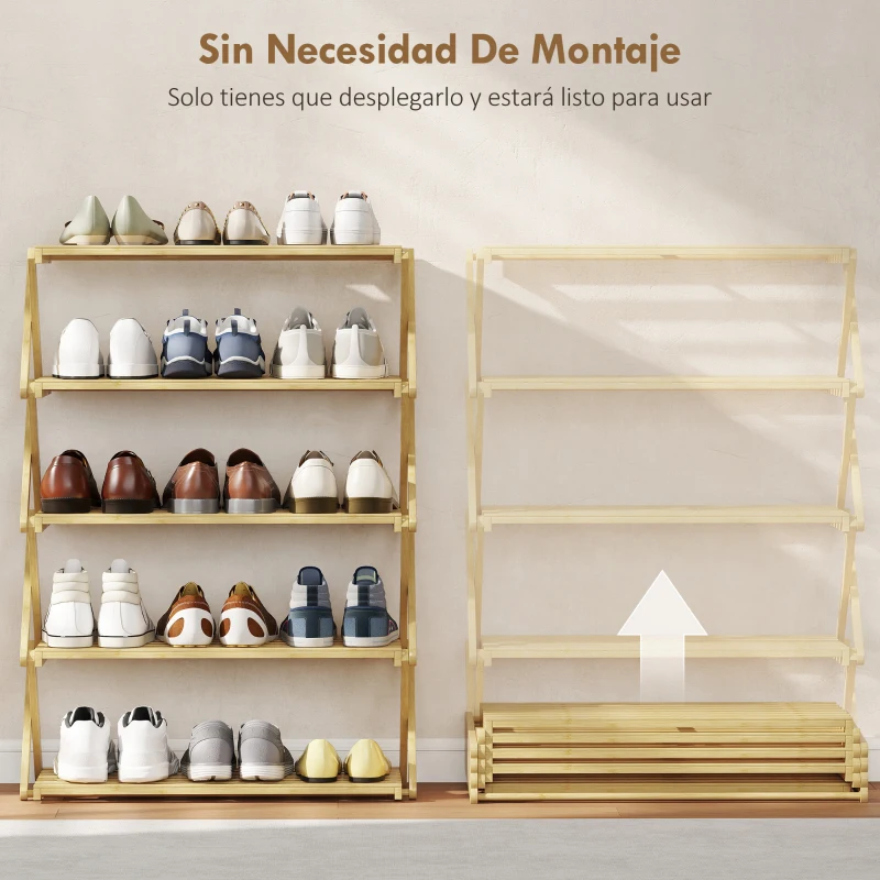 HOMCOM Zapatero Estrecho de Bambú Zapatero Vertical Plegable de 5 Niveles Sin Instalación Natural