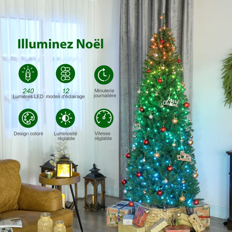 HOMCOM Sapin de Noël artificiel 180 cm, arbre de Noël, lumières LED synchronisées colorées et télécommande, 899 pointes, vert