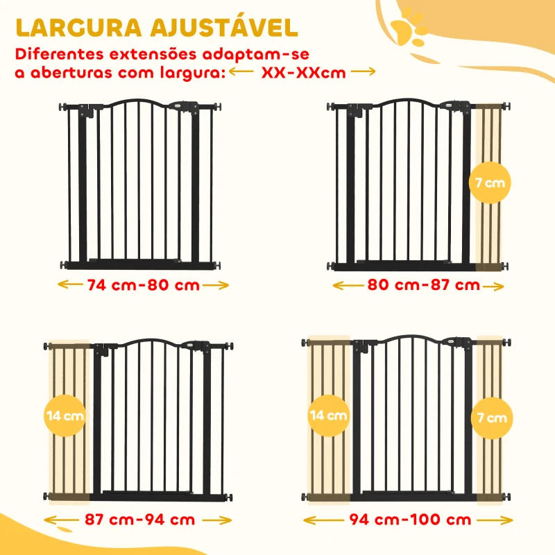 PawHut Barreira de Segurança para Cães com Largura Ajustável 74-100 cm e Extensões para Escadas e Portas Preto