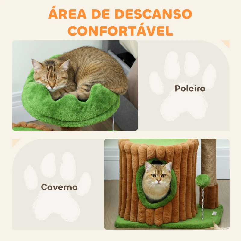 PawHut Arranhador para Gatos 53 cm Design de Tronco com Cama Caverna Poste de Juta Bolas Penduradas 40x30x53 cm Castanho e Verde