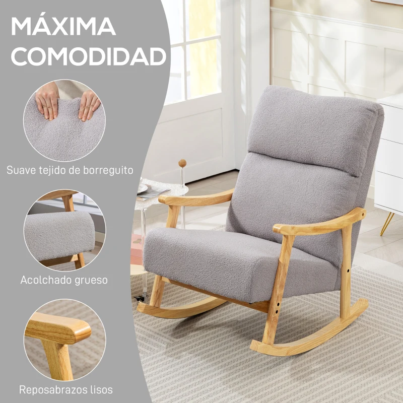 HOMCOM Silla Mecedora de Borreguito con Patas y Reposabrazos de Madera de Caucho Mecedora Carga 120 kg Gris Claro