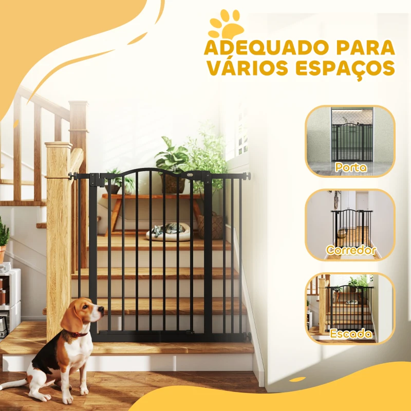 PawHut Barreira de Segurança para Cães com Largura Ajustável 74-80 cm e Extensões para Escadas e Portas Preto