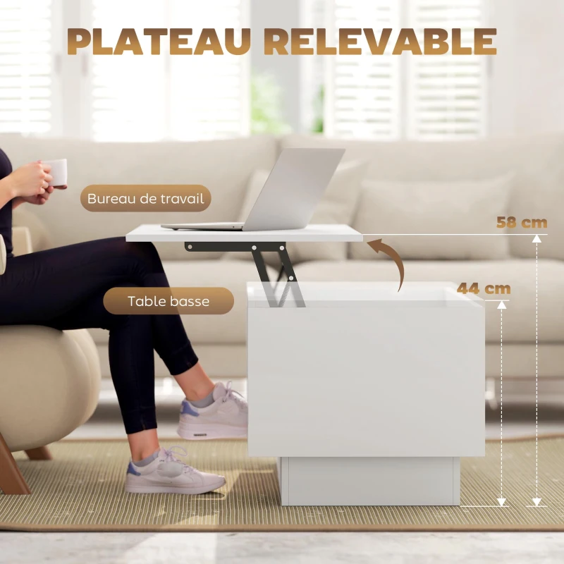 HOMCOM Table basse relevable, table de salon avec compartiment caché et 2 tiroirs, 100 x 50 x 44 cm, blanc