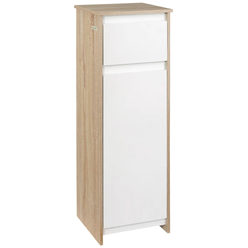 kleankin Meuble de salle de bain armoire de rangement avec 1 tiroir et 1 placard - 32,6 x 30 x 90 cm - aspect bois et blanc