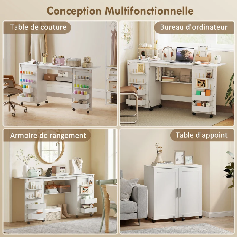 HOMCOM Table de couture pliante, meuble couture à roulettes, 2 portes magnétiques, 4 bacs, 20 crochets, 160x40x81,5cm, blanc