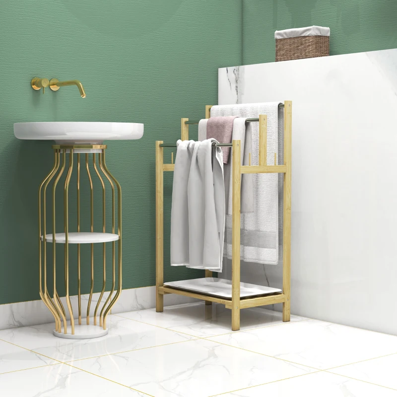 HOMCOM Porte-serviettes en bambou 3 barres avec étagère de rangement, 4 crochets et plateau amovible, 50,5lx31Px90H cm naturel
