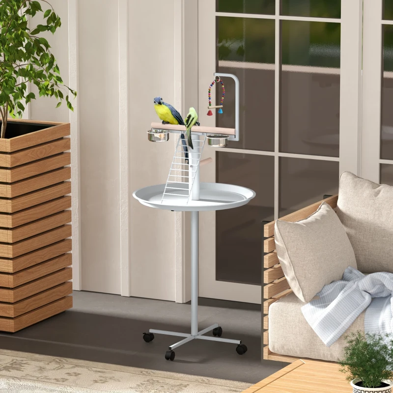PawHut Mangeoire à oiseaux sur pied avec 4 roulettes perchoir 2 bols amovibles plateau rond acier inoxydable Ø 60 x 138H cm blanc