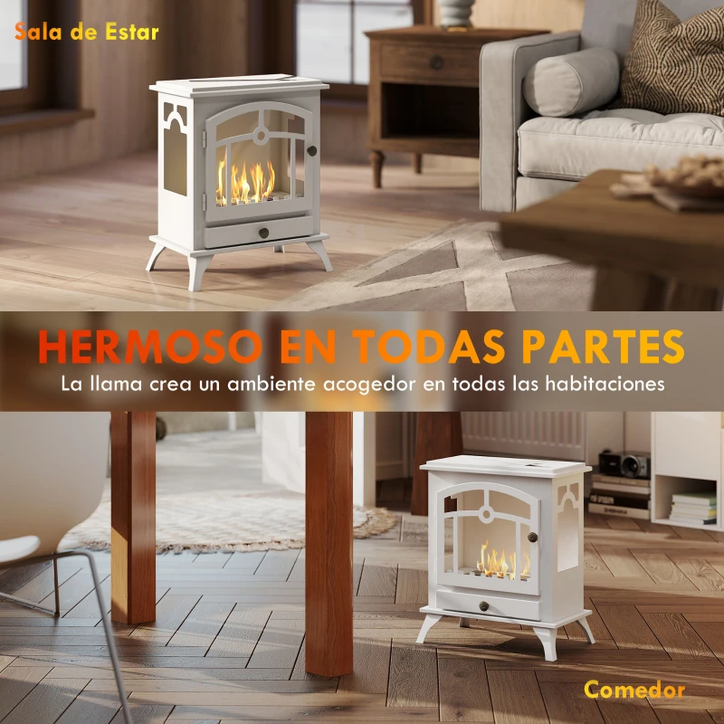 HOMCOM Estufa de Bioetanol de Pie con Tanque de 0,9 L Apagallamas de Acero Inoxidable Tiempo de Combustión 3H 45x28x54cm Blanco
