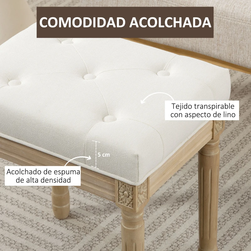 HOMCOM Reposapiés Salón Estilo Rústico Tapizado en Lino Sintético con Madera Maciza Patas Talladas Asiento Acolchado Beige