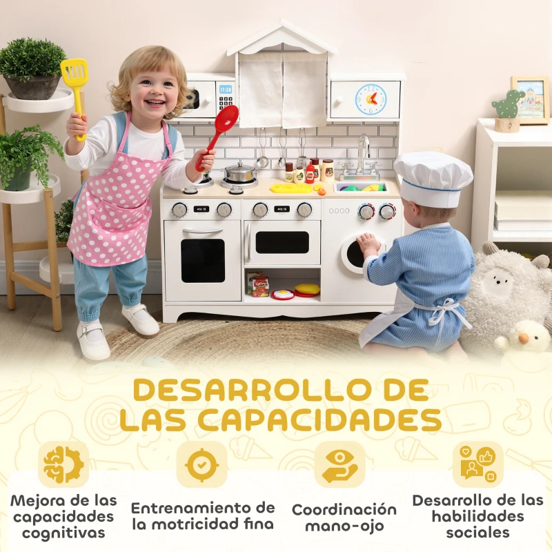 AIYAPLAY Cocina de Juguete de Madera con Sonido y Cortinas Accesorios de Acero Inoxidable para Niños a Partir de 3 Años Blanco