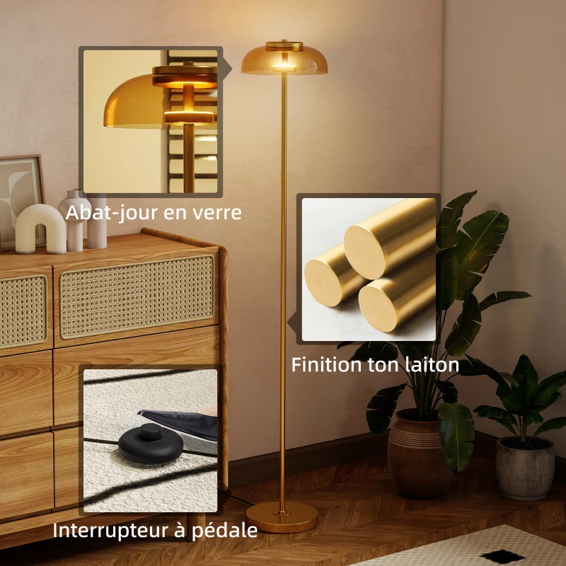 HOMCOM Lampadaire sur pied de salon, lampe salon LED avec lumière chaude 3000 K et interrupteur à pied, Ø25x134cm, ton laiton