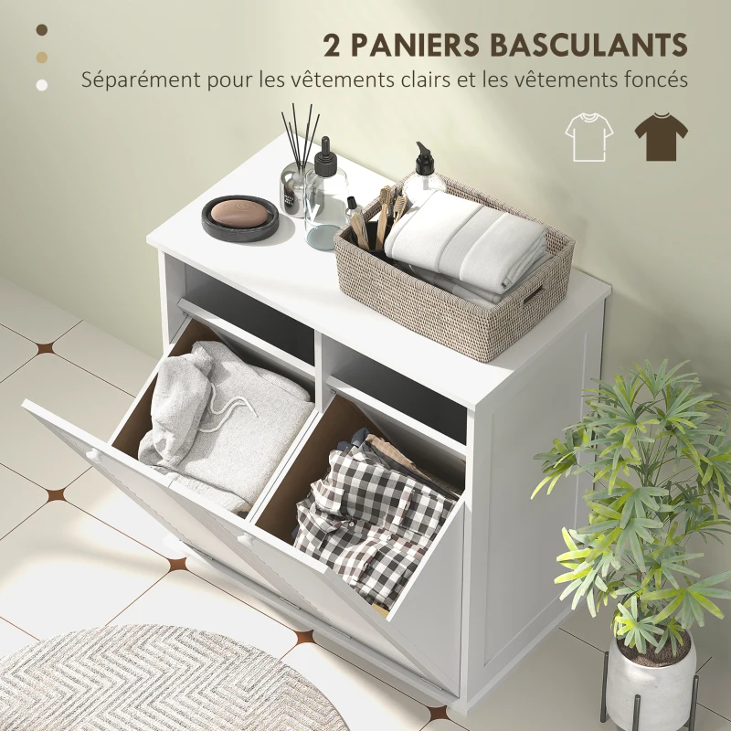 HOMCOM Meuble salle de bain avec panier à linge armoire salle de bain en bois portes persiennes 2 paniers 70 x 38 x 73 cm blanc