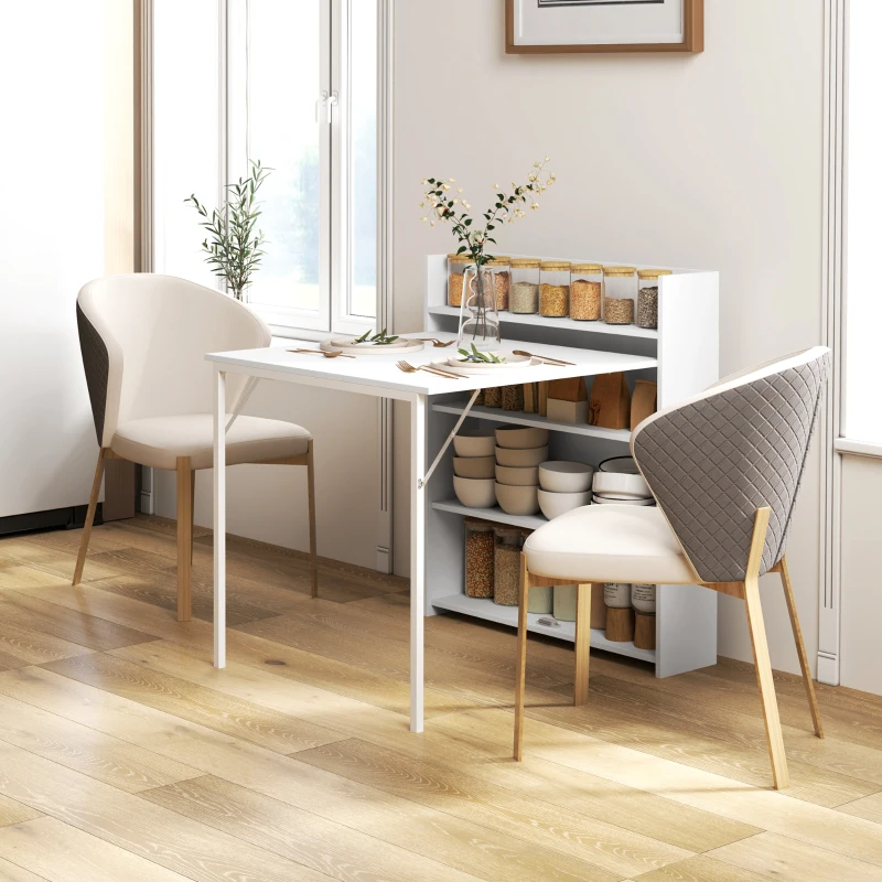 HOMCOM Table à manger pliante, table de cuisine pour 3 personnes, plateau à abattant et 4 étagères, 79x91x93cm, blanc