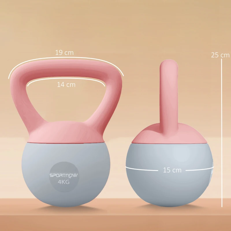 SPORTNOW Pesa Rusa 4 kg Kettlebell Relleno de Arena Metálica y Mango Antideslizante para Entreno en Casa 19x15x25 cm Rosa y Gris