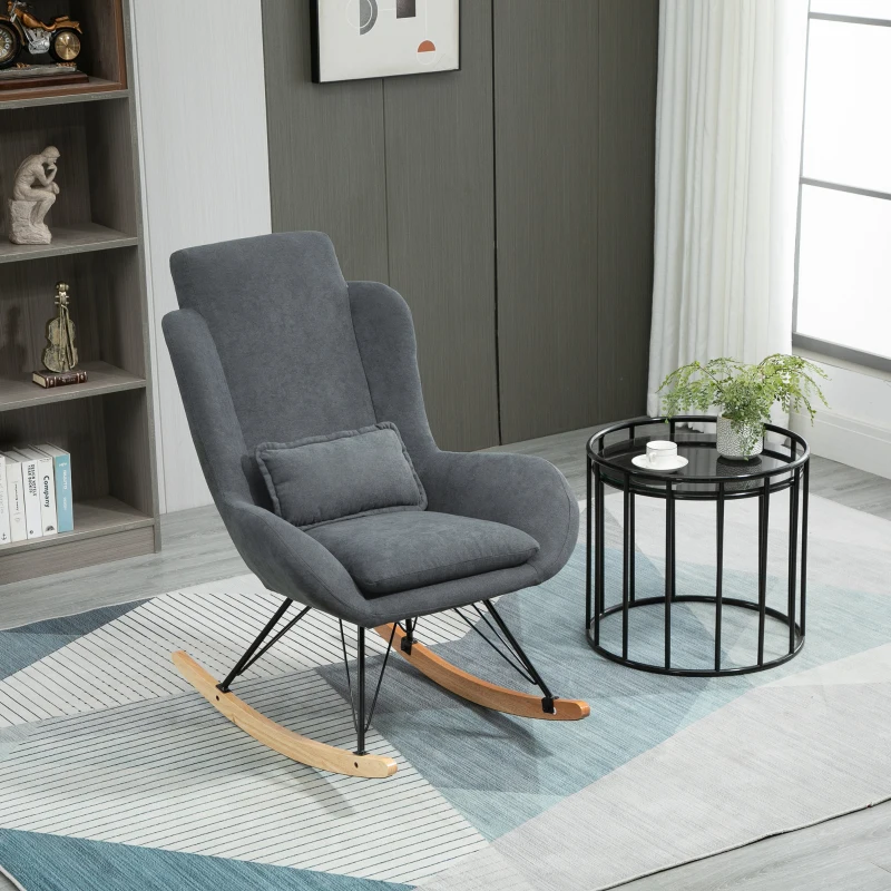 HOMCOM Fauteuil à Bascule Oreilles Rocking Chair Grand Confort accoudoirs Assise Dossier garnissage Mousse Haute densité Lin Gris