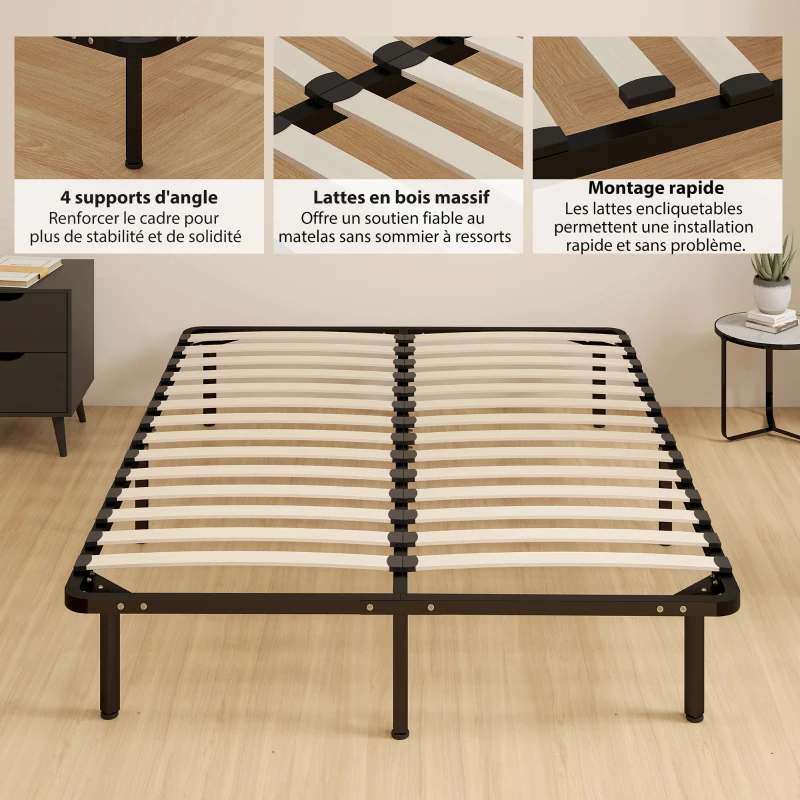 HOMCOM Cadre de lit 140 x 190 cm, lit 2 personnes en bois massif avec sommier à lattes et pied, rangement au-dessous, noir