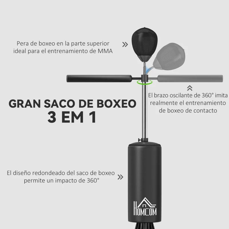 HOMCOM Saco de Boxeo de Pie con Bola de Velocidad y Barra Giratoria de 360° 88x48x155-205 cm Negro